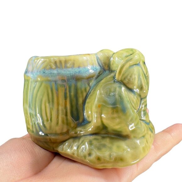 Vintage Majolica Style Pottery Green Elephant Vase Planter Drip Glaze Ceramic - Picture 4 of 15